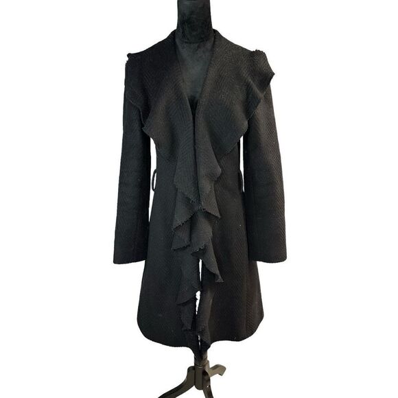 Just Cavall Virgin Wool Trench Coat Ruffle front sz 42 US 6 - Picture 4 of 13